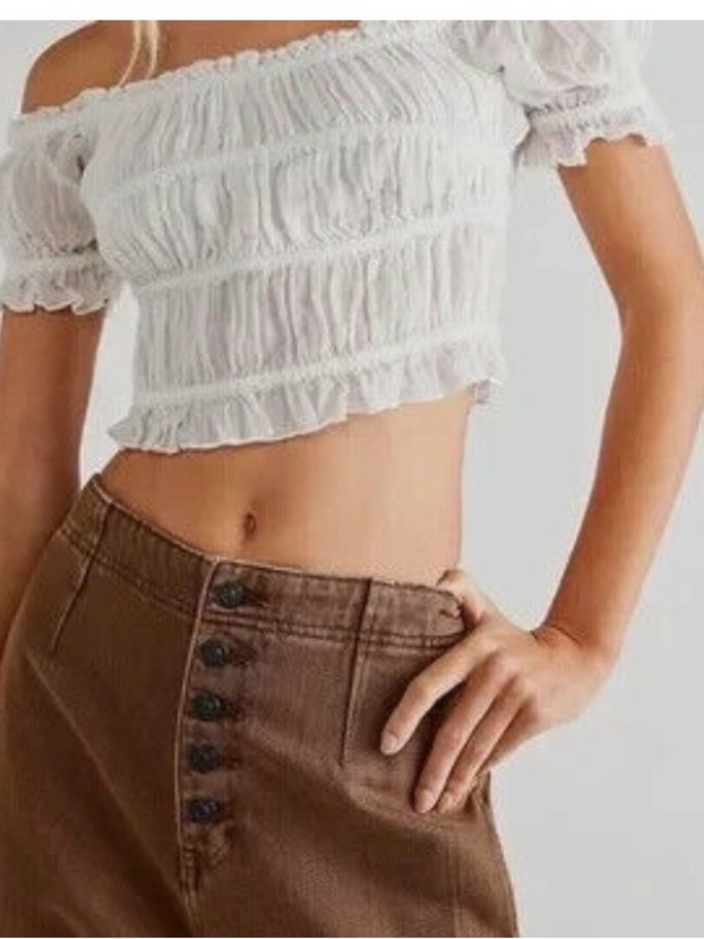 Free People FP One Cheri Top Smocked Cropped Ivory Off The Shoulder Blouse